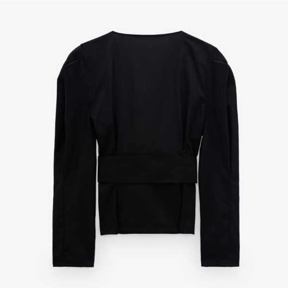 NWT* Zara Belted Puff Shoulder Poplin Wrap Blouse Black Top Shirt - Picture 10 of 12